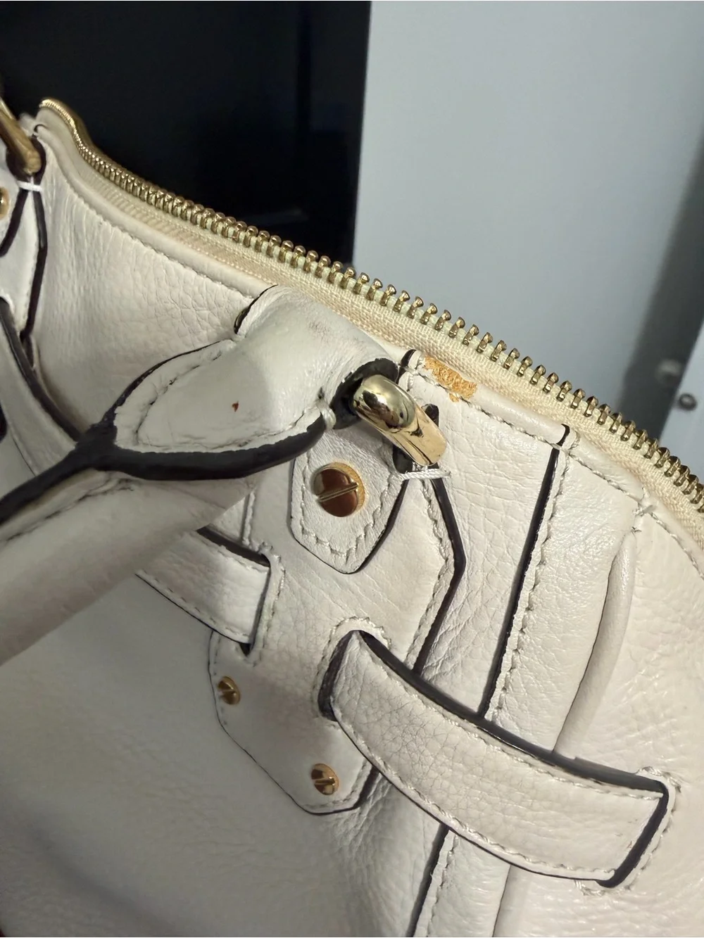 Michael Kors Cream Leather Satchel with Gold MK Emblem